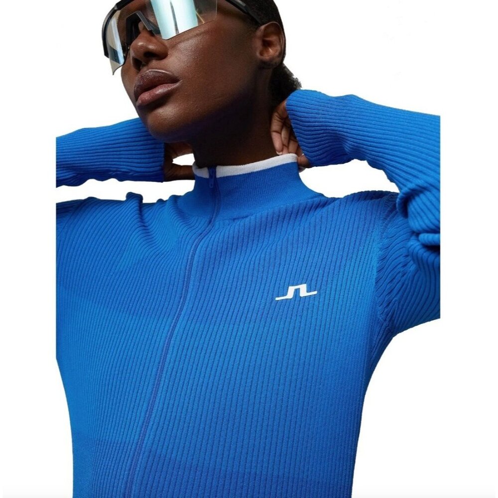 NEW $195 J. Lindeberg Womens XS Flora Knitted Nautical Blue Golf Sweater Zip Up